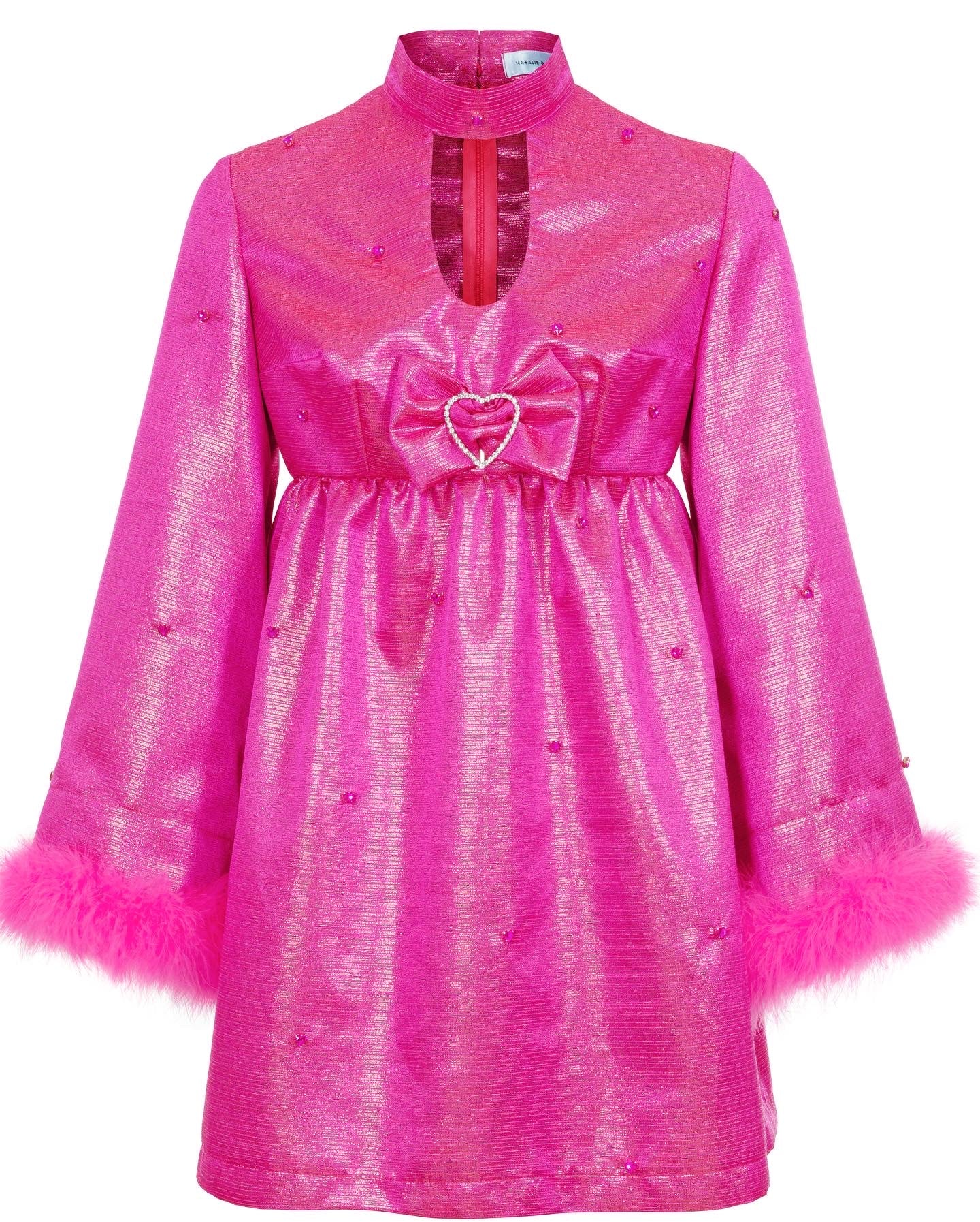 Bebe Pink Metallic Marabou Trimmed Babydoll Dress