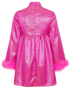 Bebe Pink Metallic Marabou Trimmed Babydoll Dress