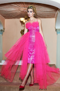 Peggy Sue Fuchsia Jacquard Gown with Tulle Overlays- Made to Order