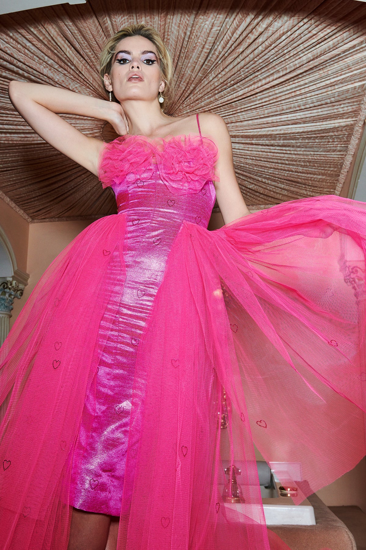 Peggy Sue Fuchsia Jacquard Gown with Tulle Overlays- Made to Order