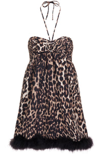 Sophia Leopard Halter Draped Babydoll Dress with Marabou Trim- Made to Order