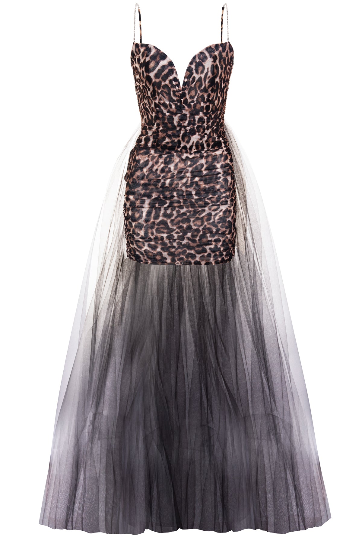 Monica Draped Leopard Mini Dress with Tulle Train- Made to Order