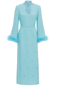 Liz Pastel Aquamarine Feather-Trimmed Crystal-Embellished Crepe Gown - Made to Order