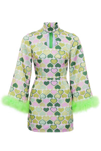 Liz Heart Satin Mini Dress Trimmed in Lime Marabou- Made to Order