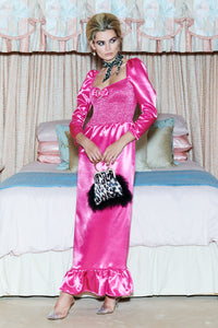 Nancy Pink Satin Shirred Maxi Dress- Made to Order