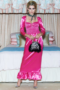 Nancy Pink Satin Shirred Maxi Dress- Made to Order