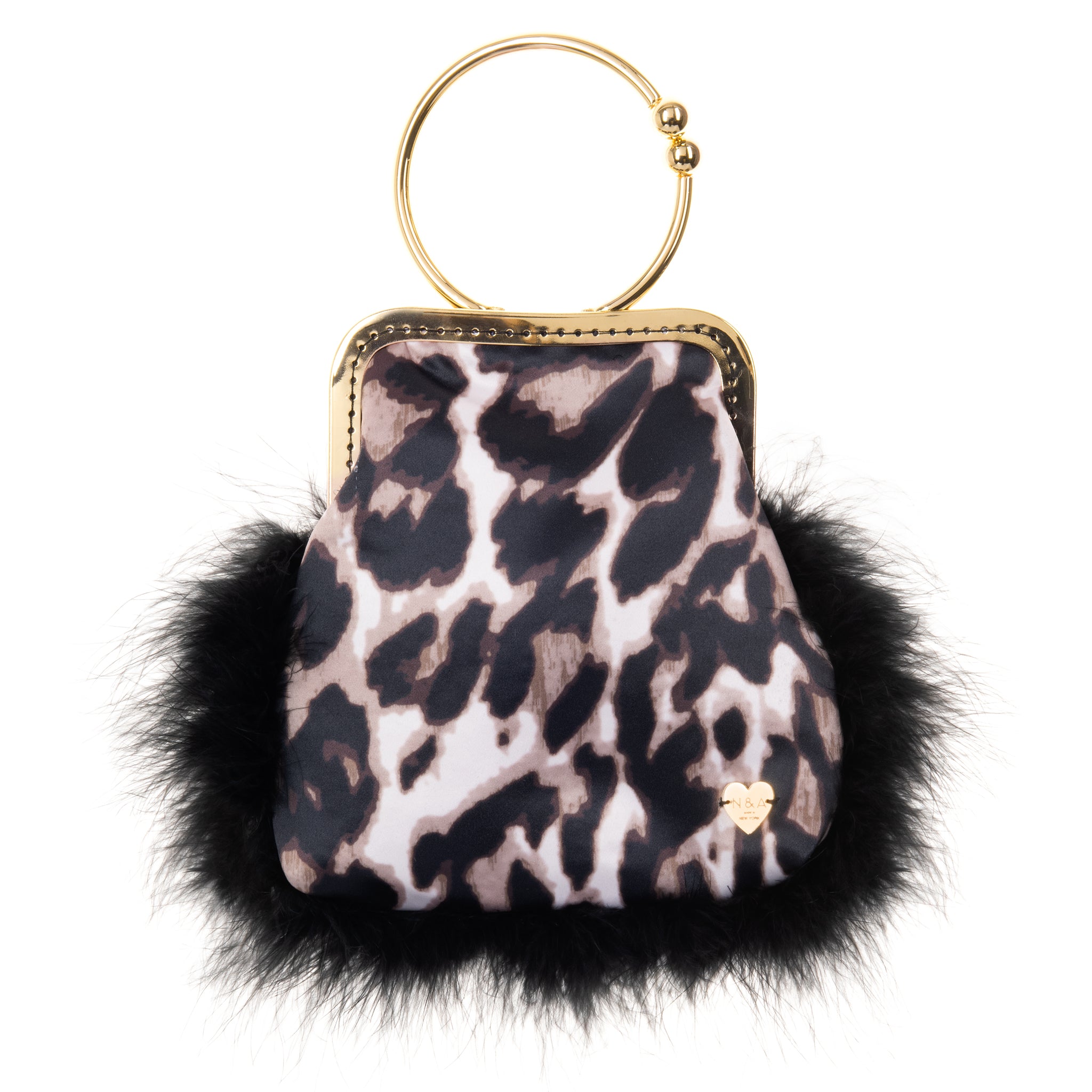 Satin-printed-evening-mini-clutch-feather-trim-Natalie & Alanna Acessories